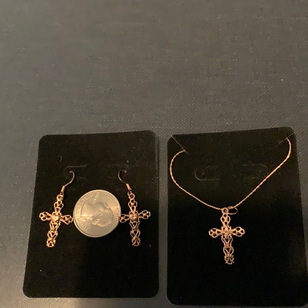 Rose gold plated cross earring and necklace
